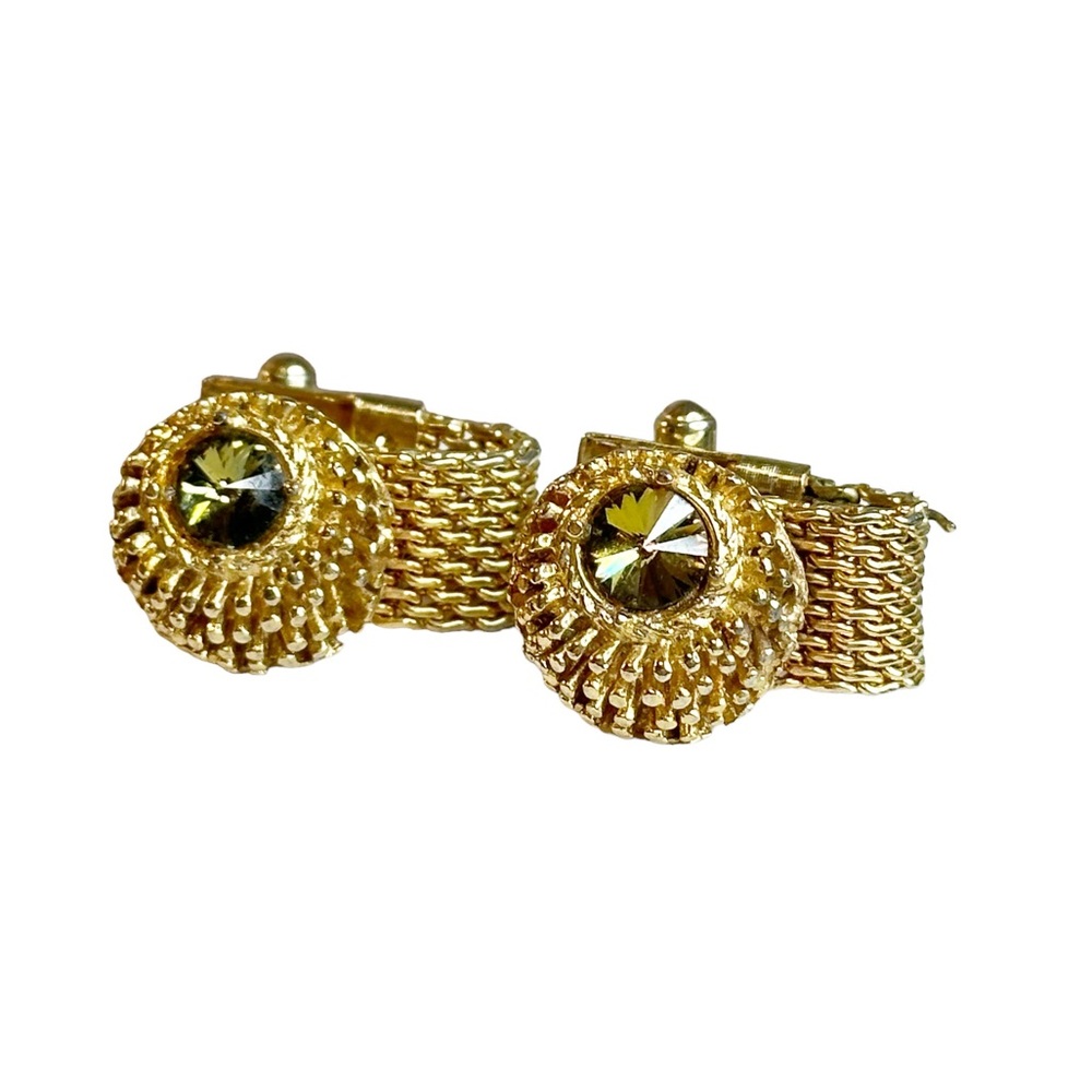 Vintage Retro Men's Gold Tone Green Rivoli Stone Chain Mesh Cuff Links